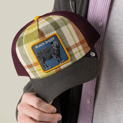 A person holds the Brit Sheep wool blend trucker hat by Goorin Bros.—a cozy, autumn-inspired cap decorated with a playful BLACK SHEEP patch featuring a black sheep and the words BLACK SHEEP boldly displayed. This classic mesh trucker style blends comfort and fall plaid flair.