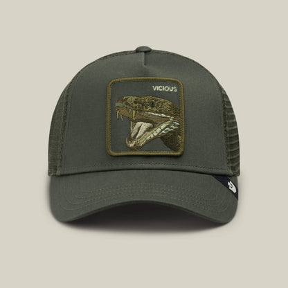 Goorin Bros.’ Circle of Life - Vicious trucker hat comes in dark green olive and features an embroidered snake patch with the word VICIOUS on the front. It has a breathable mesh back, adjustable snapback for a perfect fit, and a small brand tag on the side.