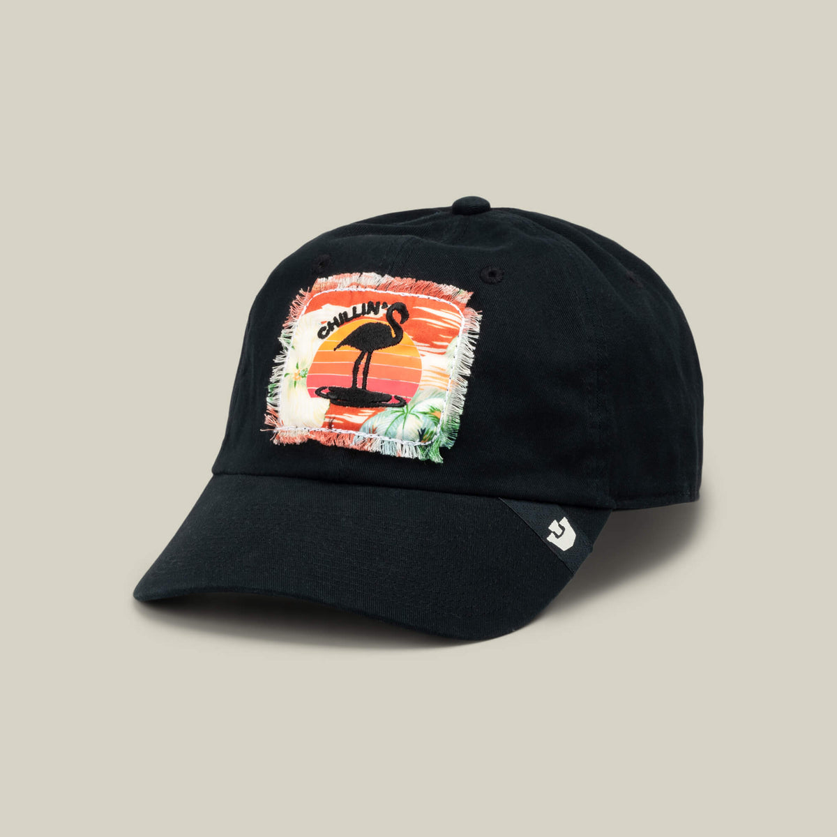 Stay laid-back in the Goorin Bros. PTO cap—a black baseball cap with a vibrant patch showcasing a flamingo silhouette against a sunset, plus the word “CHILLIN.” Frayed edges on the patch add to its easygoing feel, while a subtle logo tag on the brim nods to pain-forward wellness and those deep-tissue massage sessions that define your S.O.S. Island Spa escape.