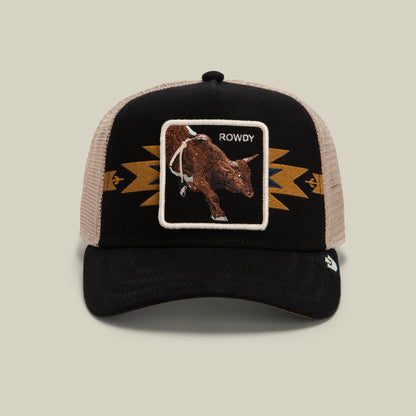 The Goorin Bros. Canyon Rowdy is a black and beige mesh trucker hat featuring a gold geometric pattern on the front panel, along with a patch displaying a bull and the word “ROWDY”—ideal for anyone who loves bold style and dynamic energy.