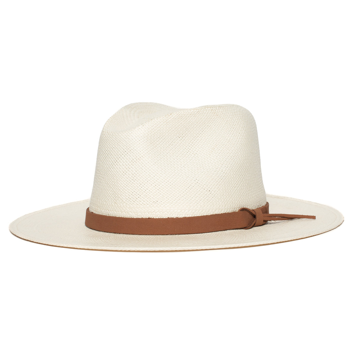 The Goorin Bros. “Welfleet” is a wide-brimmed Panama hat made from toquilla straw in an off-white shade, featuring a brown leather band encircling the crown, displayed against a plain white background.