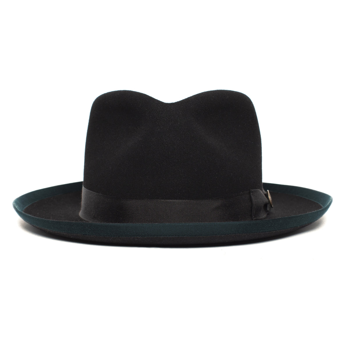 River Gray wide brim fedora hat by Goorin Bros., featuring a black ribbon and a slightly curved crown, expertly crafted from soft merino wool and displayed on a white background. This American-made hat combines timeless design with quality craftsmanship.