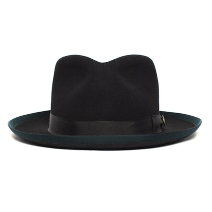 River Gray wide brim fedora hat by Goorin Bros., featuring a black ribbon and a slightly curved crown, expertly crafted from soft merino wool and displayed on a white background. This American-made hat combines timeless design with quality craftsmanship.