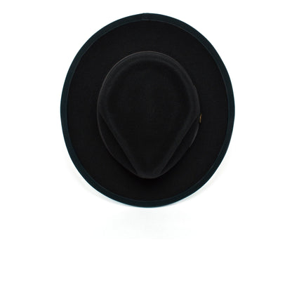 A gray wide brim fedora, the “River Gray” by Goorin Bros., crafted from premium merino wool, viewed from above and centered on a white background.