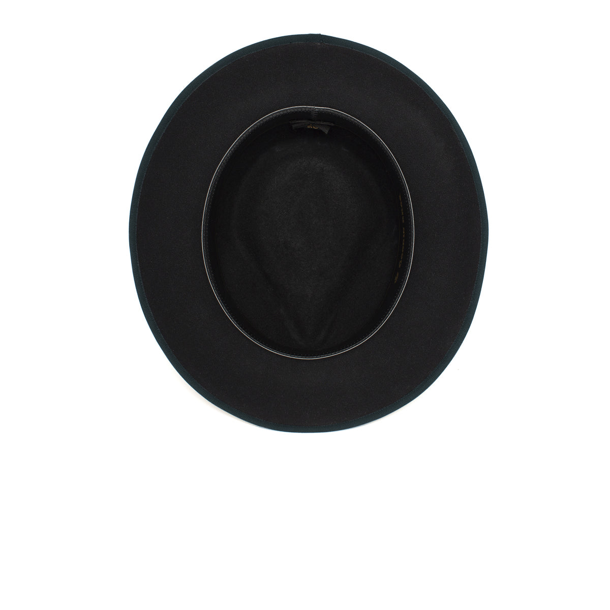 A gray wide brim fedora, the River Gray by Goorin Bros., is shown from above on a white background, revealing the inside and oval opening. This classic silhouette is crafted from American-made merino wool for timeless style and quality.