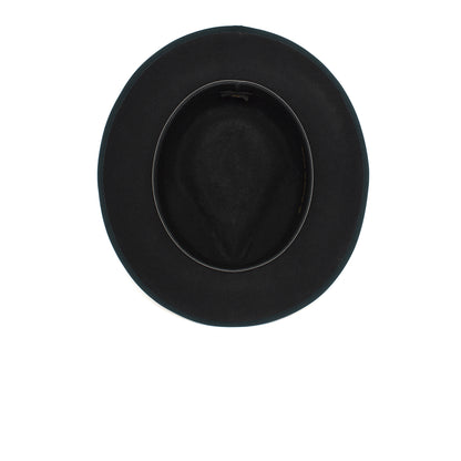A gray wide brim fedora, the River Gray by Goorin Bros., is shown from above on a white background, revealing the inside and oval opening. This classic silhouette is crafted from American-made merino wool for timeless style and quality.