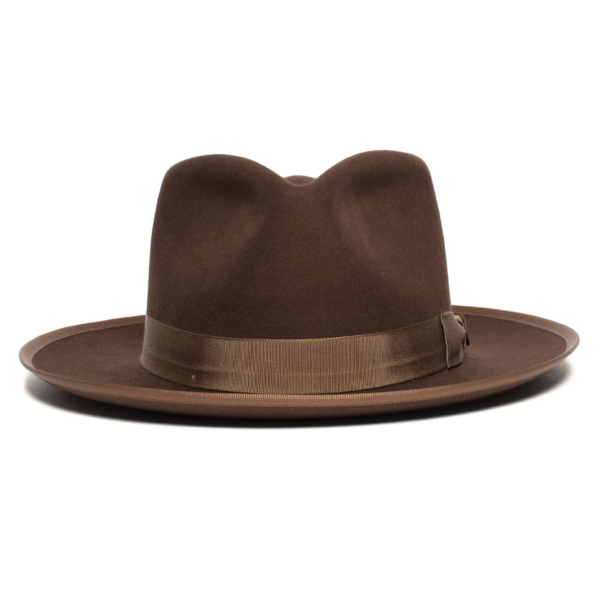 Goorin Bros. “River Gray” fedora in brown merino wool, featuring a wide brim and a matching ribbon band, displayed against a white background.