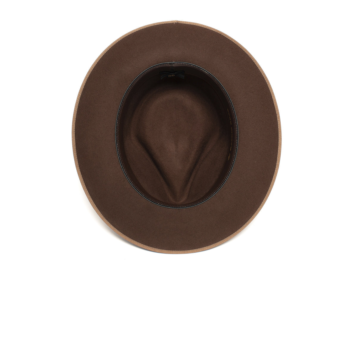 A top-down view of the Goorin Bros. River Gray wide-brim merino wool fedora, displaying the interior and inner band, centered on a white background.