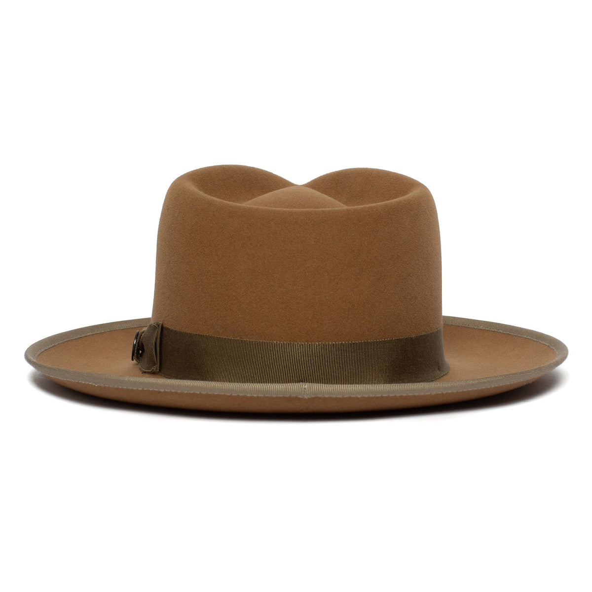 Introducing the River Gray by Goorin Bros.—a wide brim fedora hat in a rich gray hue, featuring an indented crown and a dark brown ribbon band at the base. Expertly crafted from premium merino wool and made in America, this accessory is showcased against a plain white background.