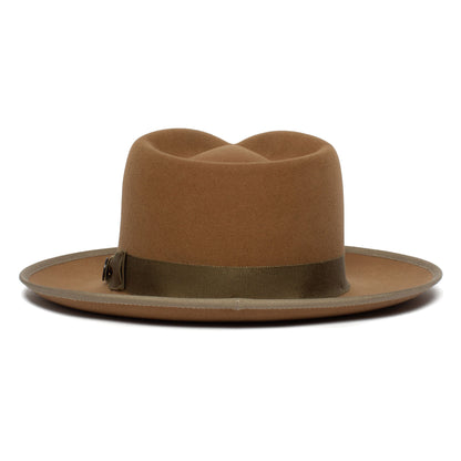 Introducing the River Gray by Goorin Bros.—a wide brim fedora hat in a rich gray hue, featuring an indented crown and a dark brown ribbon band at the base. Expertly crafted from premium merino wool and made in America, this accessory is showcased against a plain white background.