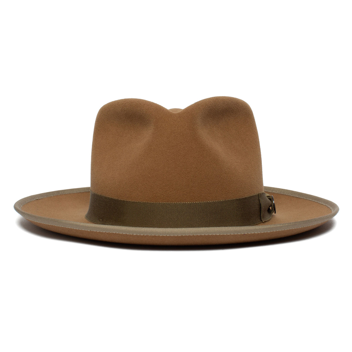 The River Gray wide brim fedora by Goorin Bros. is crafted from premium merino wool, featuring an olive ribbon band and a slight crease on the crown. Made in America, it is shown against a white background.