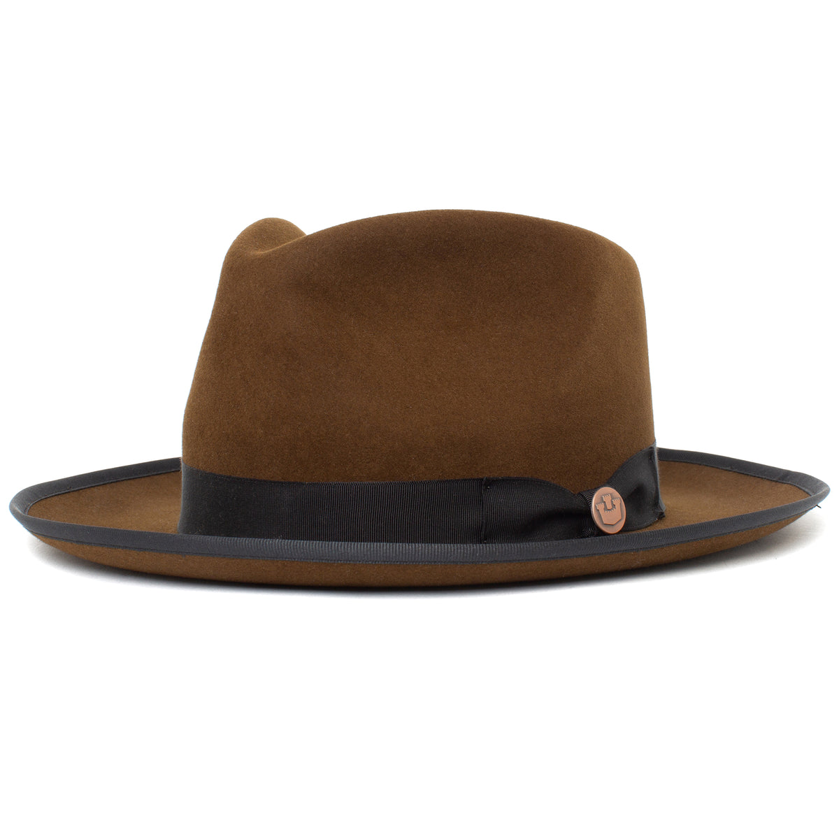 River Gray wide brim fedora hat by Goorin Bros., expertly crafted from premium merino wool and proudly American made, features a stylish gray felt design with a black ribbon band and a small round pin on the side, displayed against a plain white background.