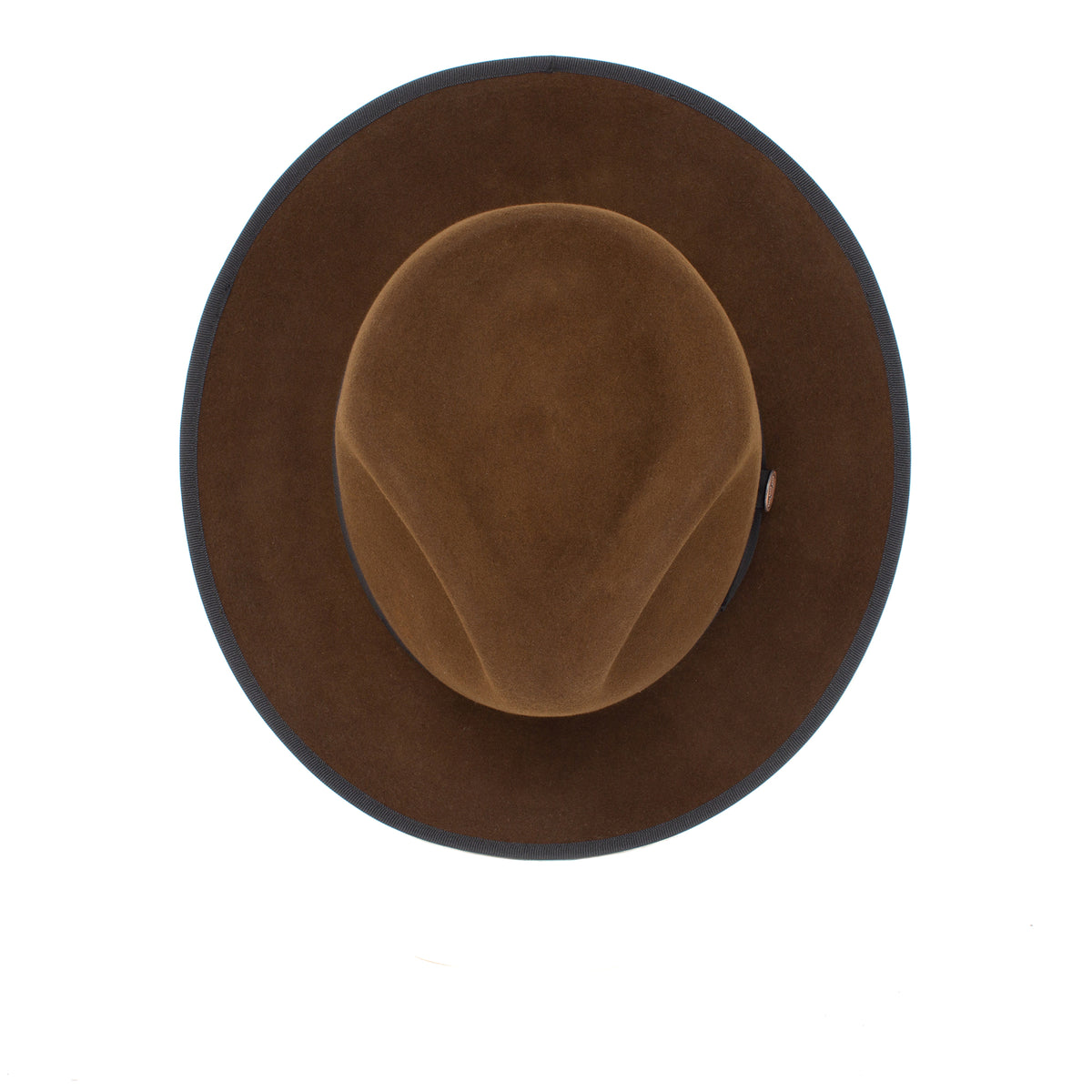 Top view of the Goorin Bros. River Gray fedora, an American-made wide brim hat crafted from brown felt with a slightly indented crown and a dark trim around the brim, set against a white background.