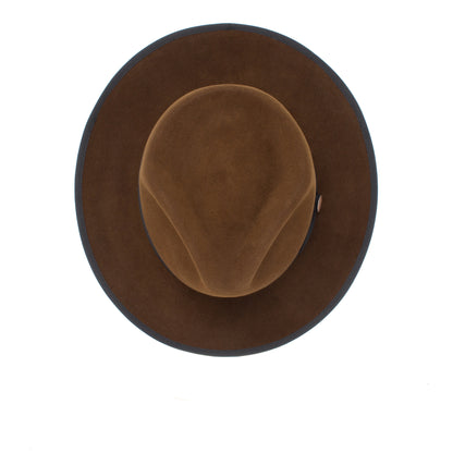 Top view of the Goorin Bros. River Gray fedora, an American-made wide brim hat crafted from brown felt with a slightly indented crown and a dark trim around the brim, set against a white background.