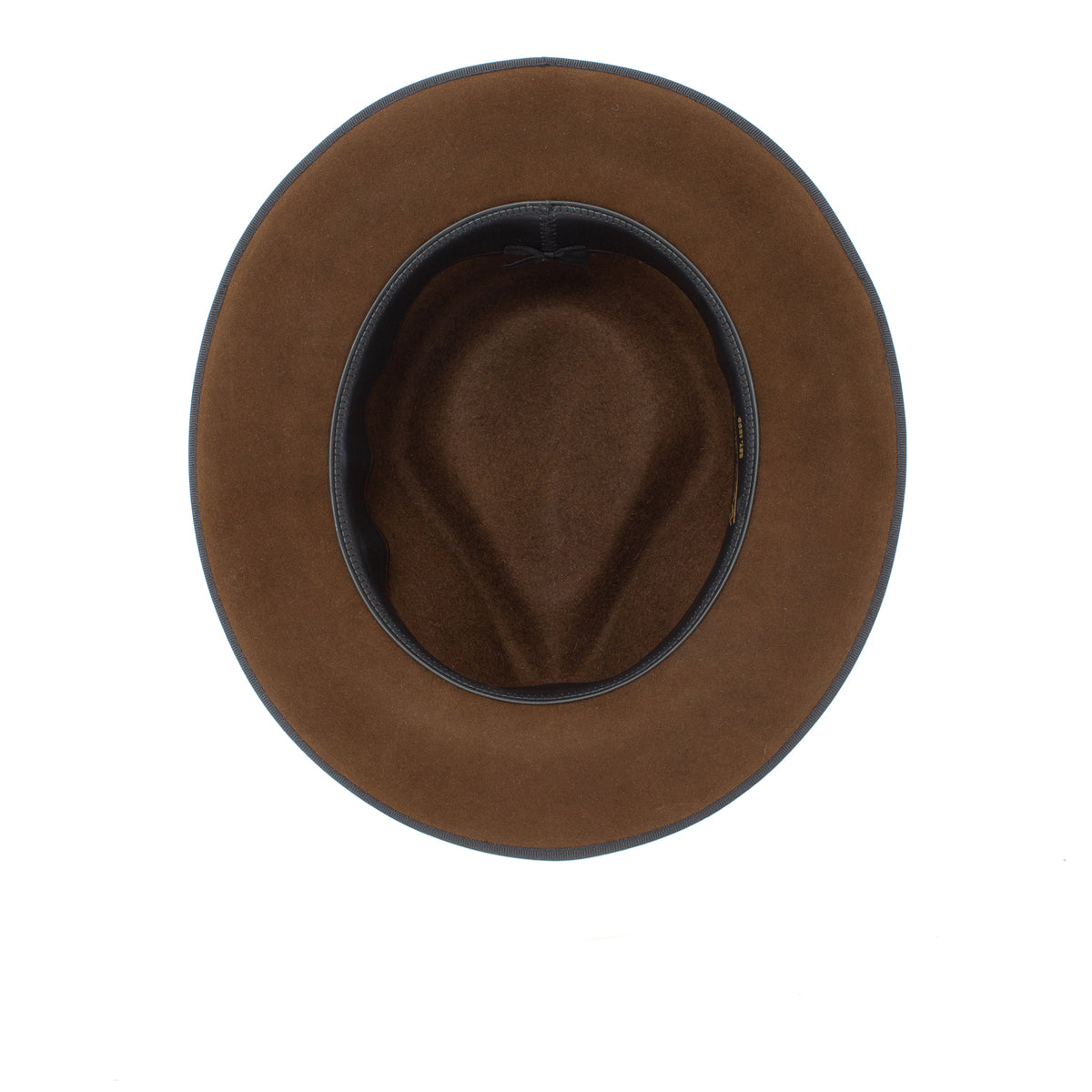 Top view of the Goorin Bros. “River Gray” wide brim fedora, American made from brown felt with a black inner lining, displayed on a white background.
