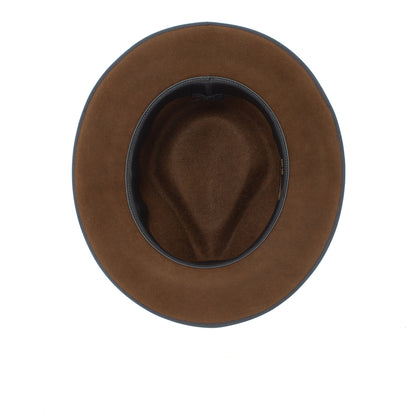 Top view of the Goorin Bros. “River Gray” wide brim fedora, American made from brown felt with a black inner lining, displayed on a white background.