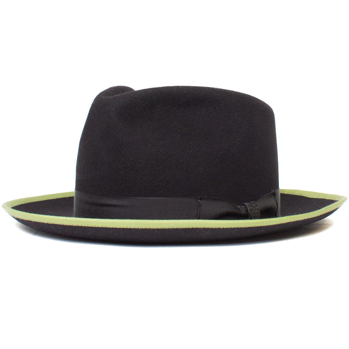 The River Gray by Goorin Bros. is a black merino wool fedora with a wide brim, accented by a light green edge and finished with a black ribbon around the base of the crown—an elegant American-made accessory perfect for any occasion.