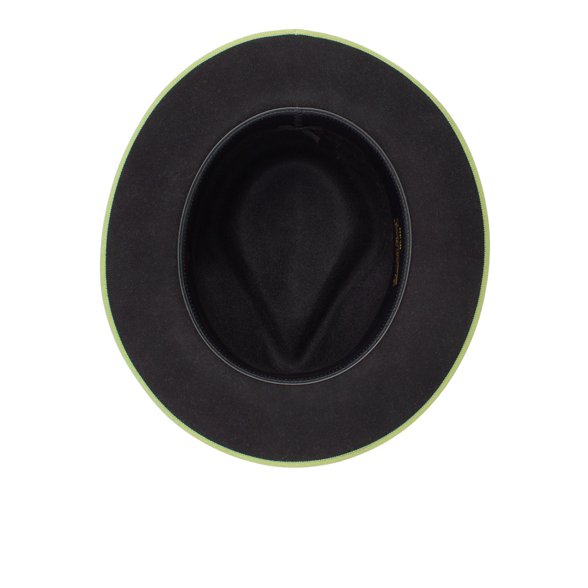 Top view of the “River Gray” wide-brim fedora by Goorin Bros., featuring a black crown and a light green rim, displayed on a white background.