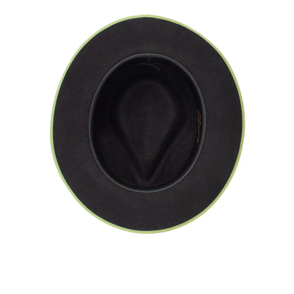 Top view of the “River Gray” wide-brim fedora by Goorin Bros., featuring a black crown and a light green rim, displayed on a white background.