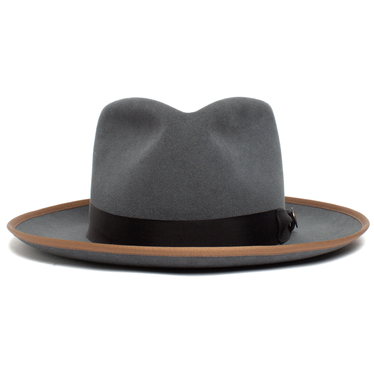 River Gray by Goorin Bros.: An American-made merino wool fedora in gray, showcasing a wide brim with a brown edge and a black hatband, displayed against a white background.