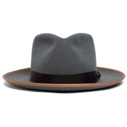 River Gray by Goorin Bros.: An American-made merino wool fedora in gray, showcasing a wide brim with a brown edge and a black hatband, displayed against a white background.