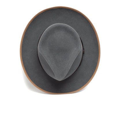 The River Gray by Goorin Bros., a merino wool wide-brim fedora in gray with a brown edge, is displayed from above against a white background.