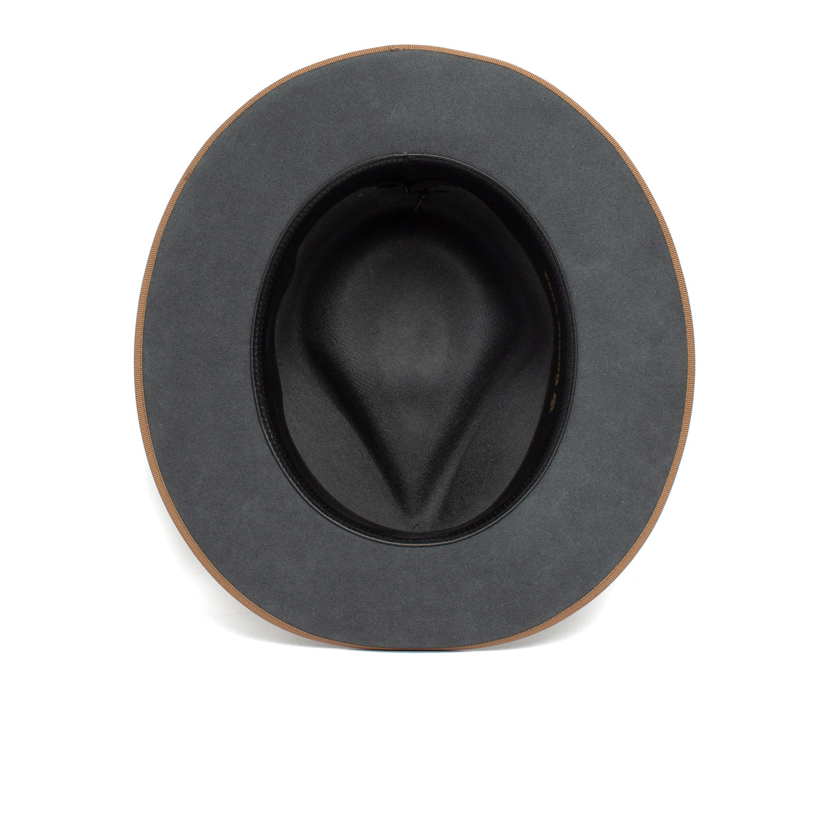 A top-down view of the Goorin Bros. River Gray hat, featuring a wide black brim with brown trim and showcasing the inside of the crown against a white background.