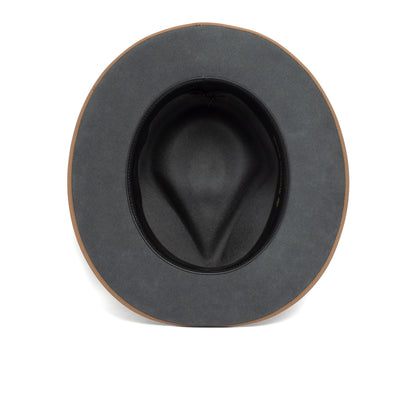 A top-down view of the Goorin Bros. River Gray hat, featuring a wide black brim with brown trim and showcasing the inside of the crown against a white background.