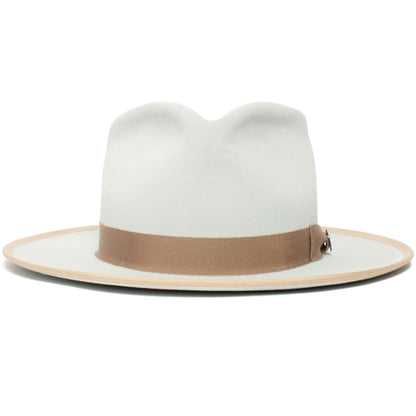 The River Gray by Goorin Bros. is an American made, light gray wide-brim fedora hat featuring a beige band and trim, displayed from the front against a white background.