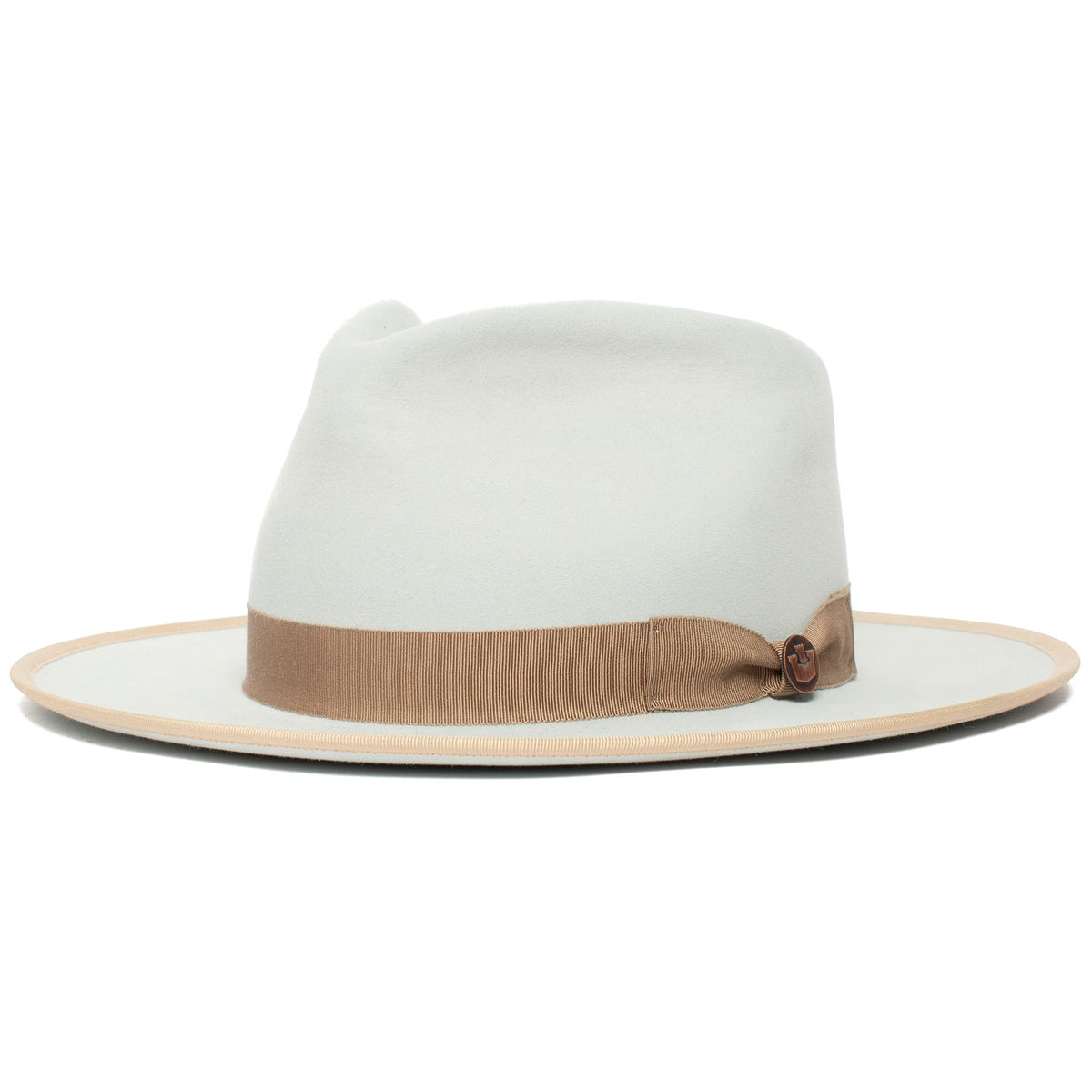 A light-colored, American-made wide brim fedora hat called “River Gray” by Goorin Bros., featuring a beige ribbon band and crafted from premium merino wool, shown against a plain white background.