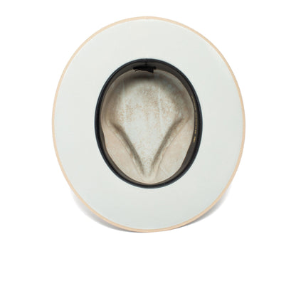 A top view of the Goorin Bros. River Gray cowboy hat reveals its wide brim fedora-inspired silhouette, featuring the inner sweatband and the worn, discolored lining of the crown.