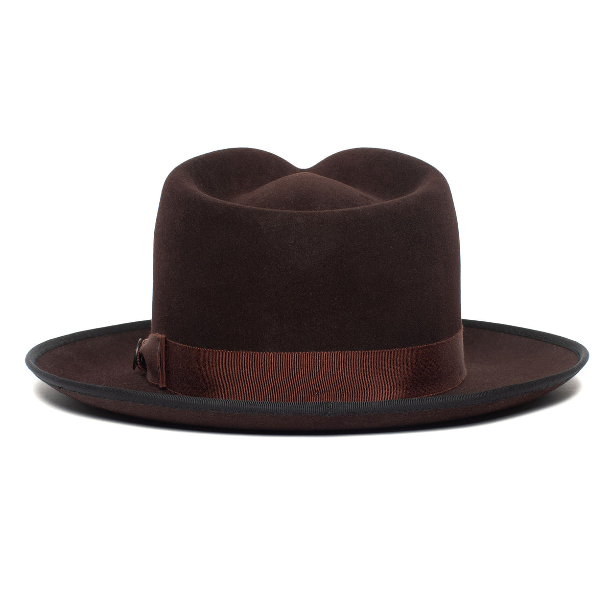 The Goorin Bros. River Gray is a wide brim merino wool felt fedora, featuring a matching brown ribbon band and American-made quality craftsmanship, shown here against a white background.