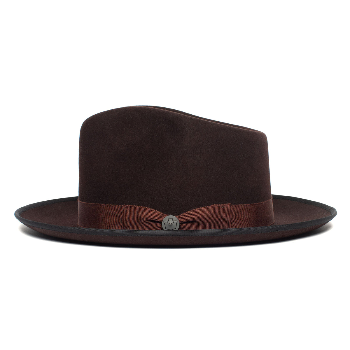 A dark brown merino wool fedora called “River Gray” by Goorin Bros., featuring a matching ribbon band and a small metal emblem, displayed against a plain white background.