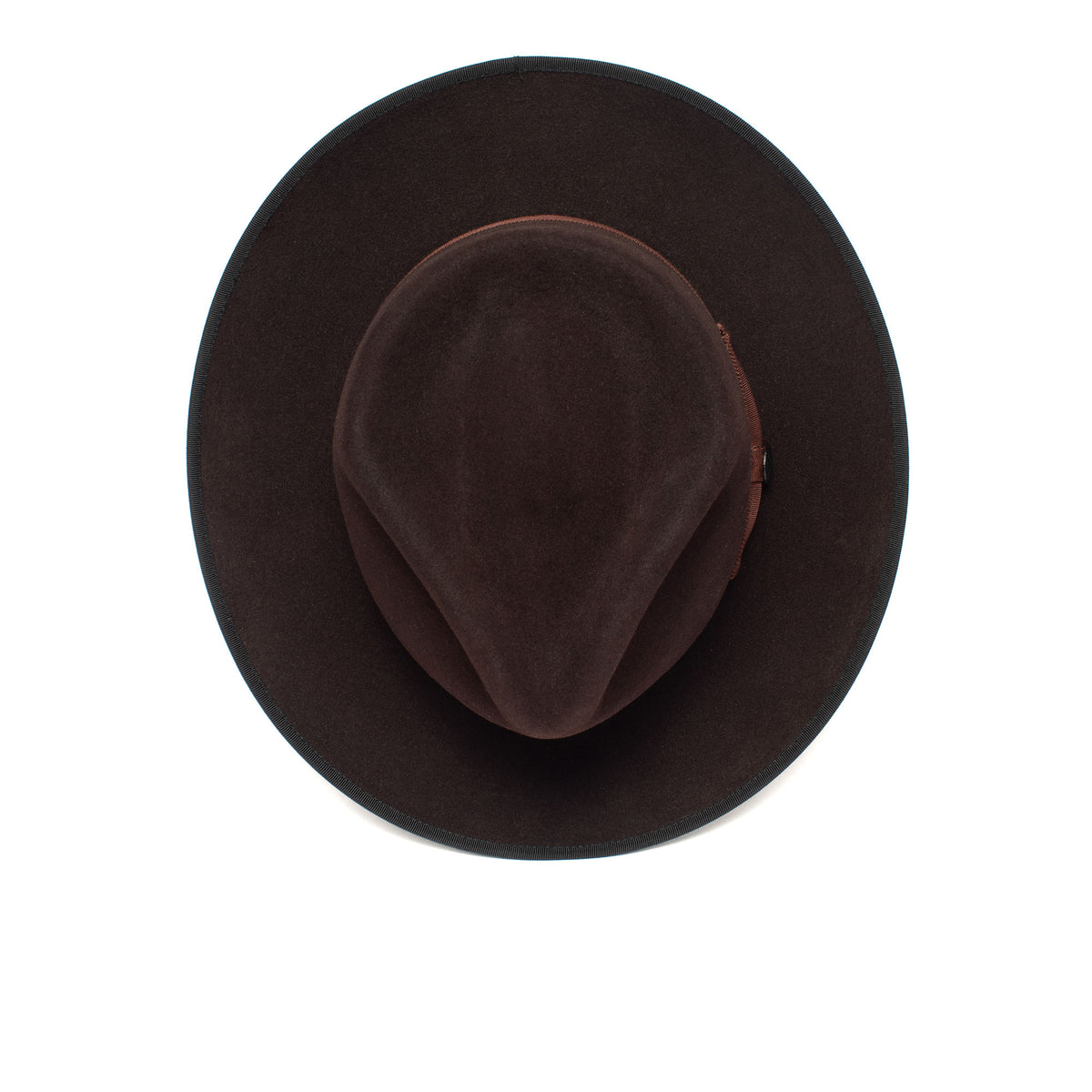 A gray, American made, wide brim fedora hat—River Gray by Goorin Bros.—crafted from felt is photographed from above against a white background.