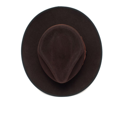 A gray, American made, wide brim fedora hat—River Gray by Goorin Bros.—crafted from felt is photographed from above against a white background.