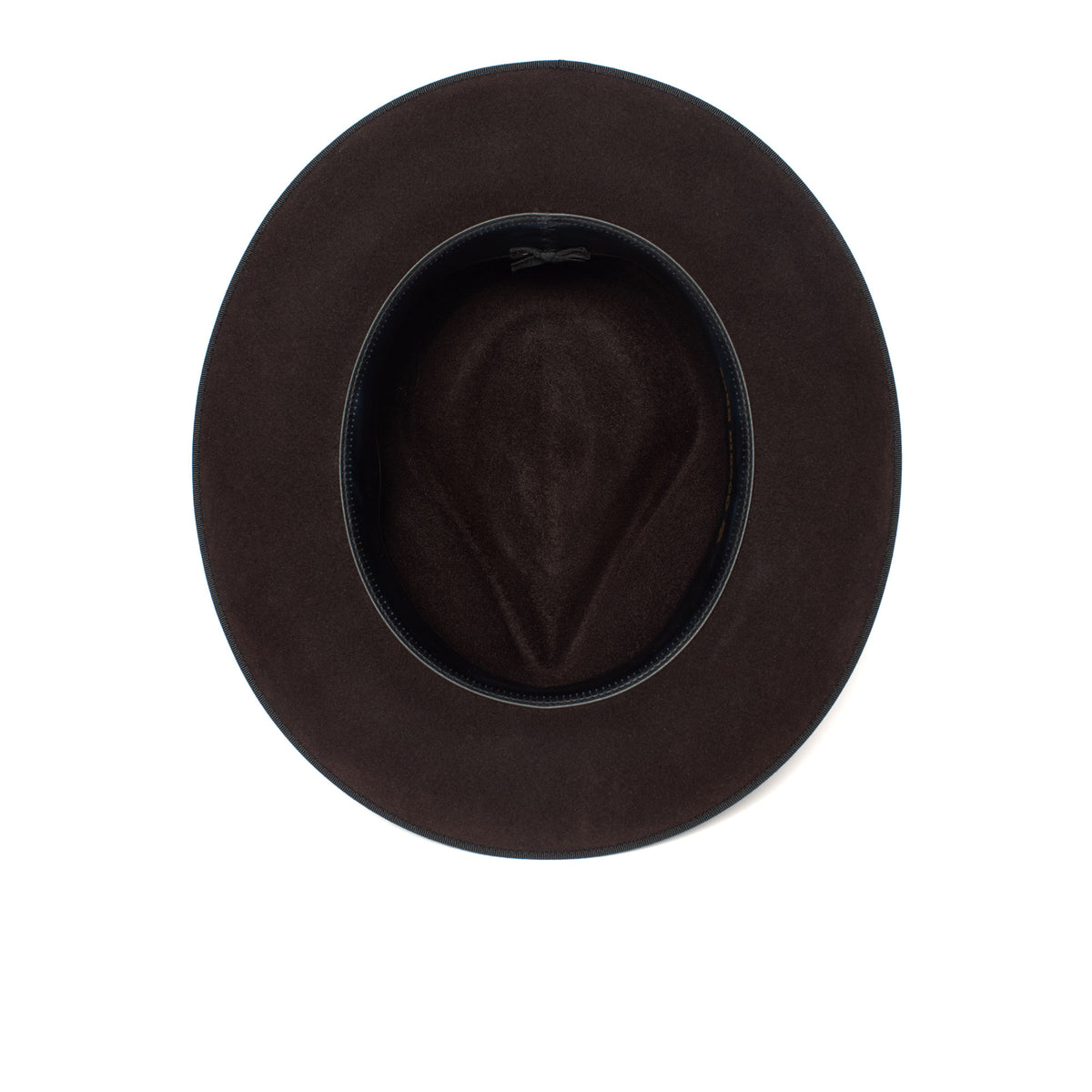 A top-down view of the Goorin Bros. “River Gray” wide-brimmed fedora, crafted from premium merino wool with a black inner band, is showcased on a plain white background. Made in America, the River Gray embodies timeless style and exceptional craftsmanship.