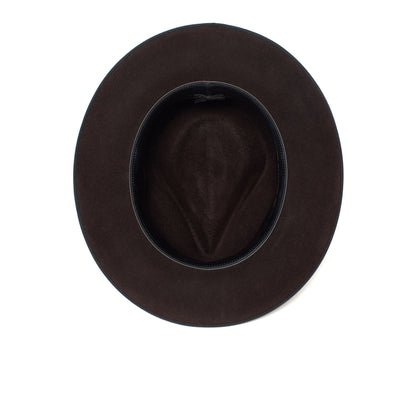 A top-down view of the Goorin Bros. “River Gray” wide-brimmed fedora, crafted from premium merino wool with a black inner band, is showcased on a plain white background. Made in America, the River Gray embodies timeless style and exceptional craftsmanship.