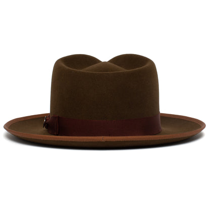River Gray by Goorin Bros. is an American made merino wool fedora hat featuring a wide brim, burgundy grosgrain ribbon, and a flat crown, shown against a white background.
