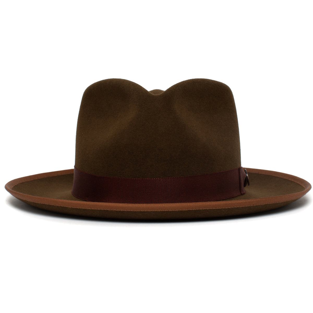 River Gray by Goorin Bros. is a merino wool fedora hat in brown, featuring a wide brim, a matching brown ribbon band, and a softly creased crown, displayed against a white background.