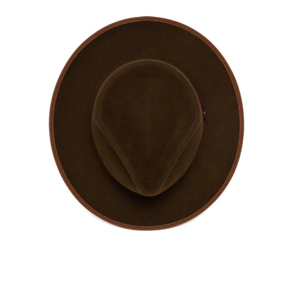 River Gray by Goorin Bros.: a wide-brim fedora hat in gray merino wool, seen from above with a round crown and flat, circular brim against a white background.