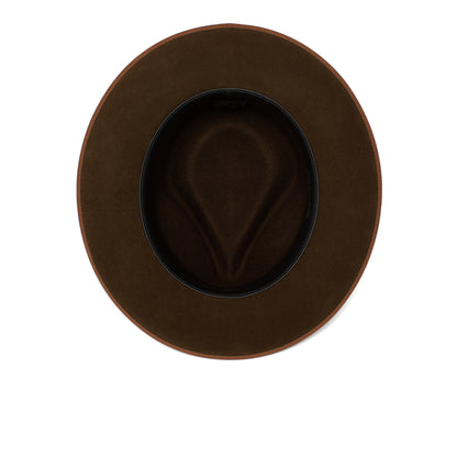 Top-down view of the Goorin Bros. River Gray fedora, American made with a wide brim, crafted from brown merino wool and featuring a black inner band, isolated on a white background.