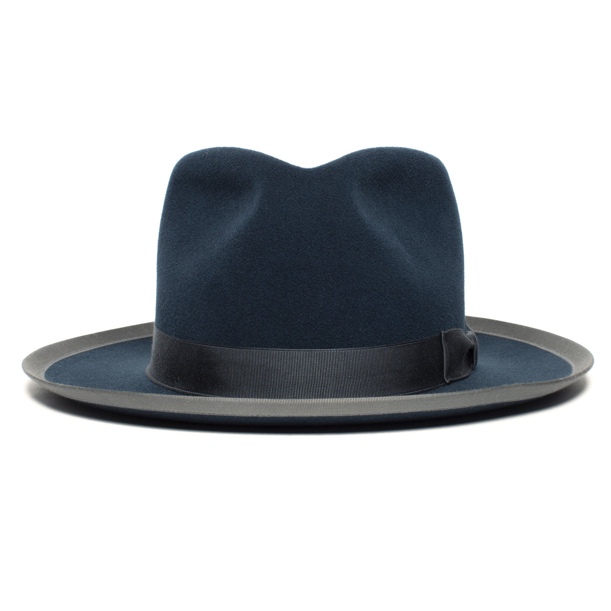 The Goorin Bros. River Gray is a navy blue merino wool fedora featuring a black ribbon band and a slightly wide brim, shown from the front against a white background.