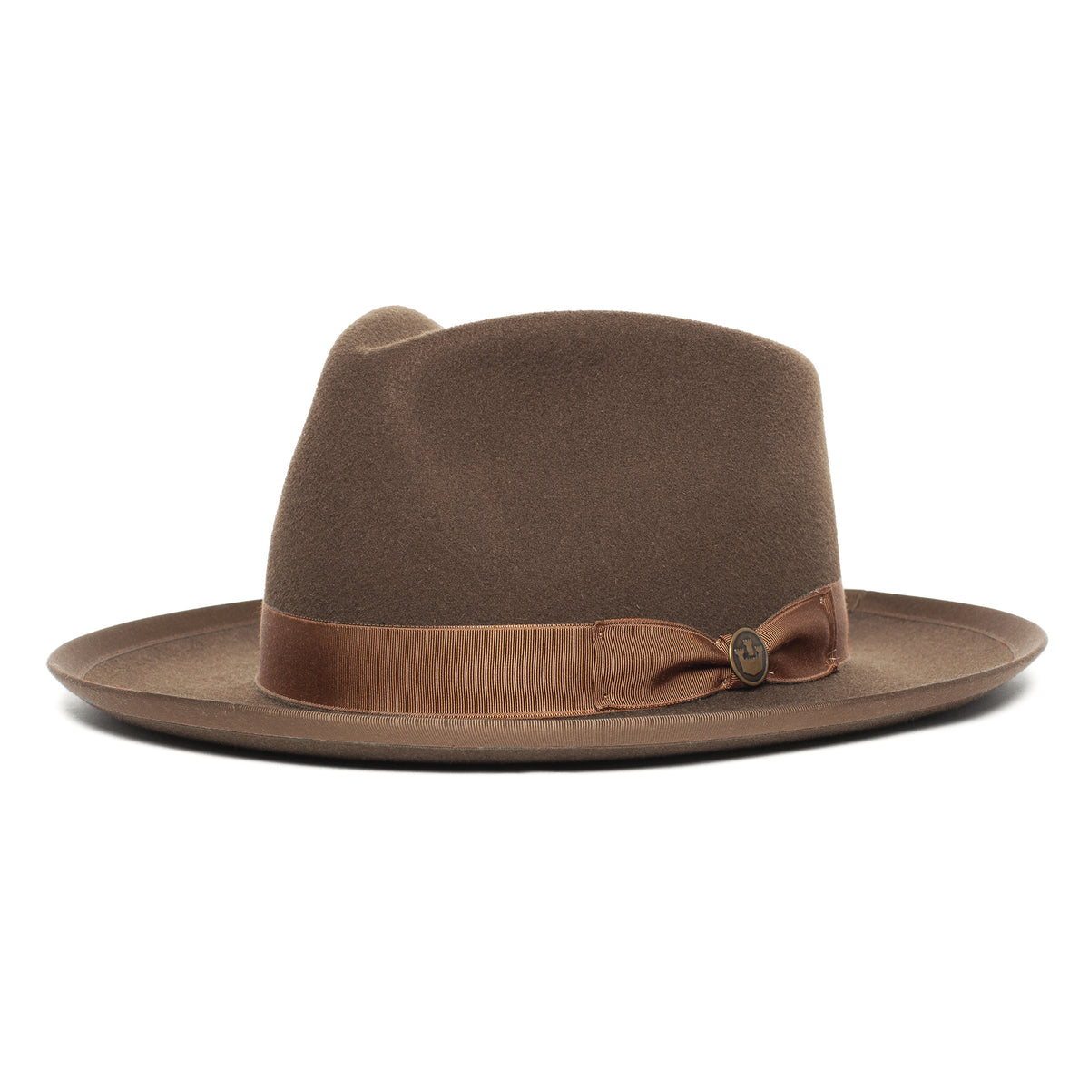 The Goorin Bros. River Gray is a wide brim fedora hat in brown, featuring a matching ribbon band and bow, expertly crafted for a timeless look.