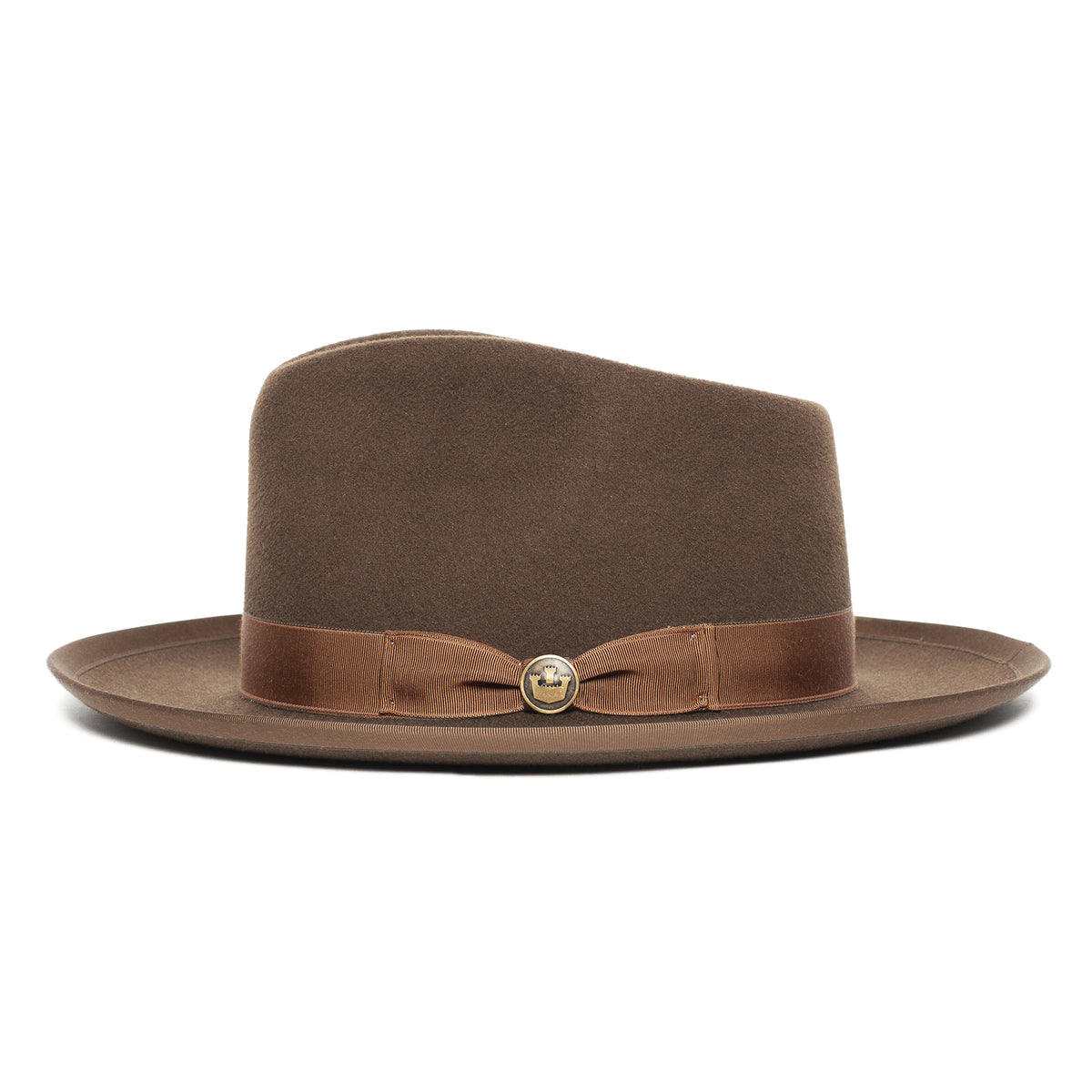 River Gray wide brim fedora hat by Goorin Bros., American made from premium merino wool, features a brown ribbon band and a small gold button at the front, shown on a white background.