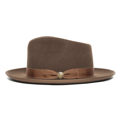 River Gray wide brim fedora hat by Goorin Bros., American made from premium merino wool, features a brown ribbon band and a small gold button at the front, shown on a white background.