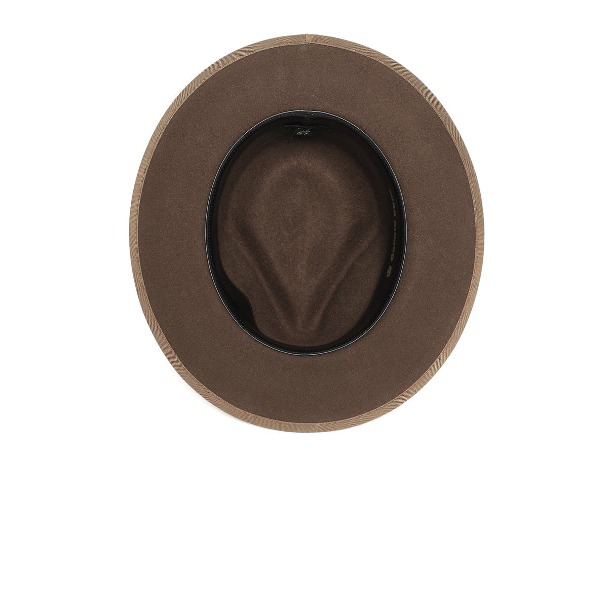 Top view of the River Gray wide brim fedora by Goorin Bros., featuring a brown color and black inner band, displayed on a white background.