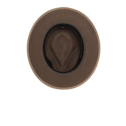Top view of the River Gray wide brim fedora by Goorin Bros., featuring a brown color and black inner band, displayed on a white background.