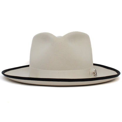 The River Gray wide brim fedora by Goorin Bros. is an American-made, light-colored hat featuring a black edge and a matching band around the crown, shown on a white background.