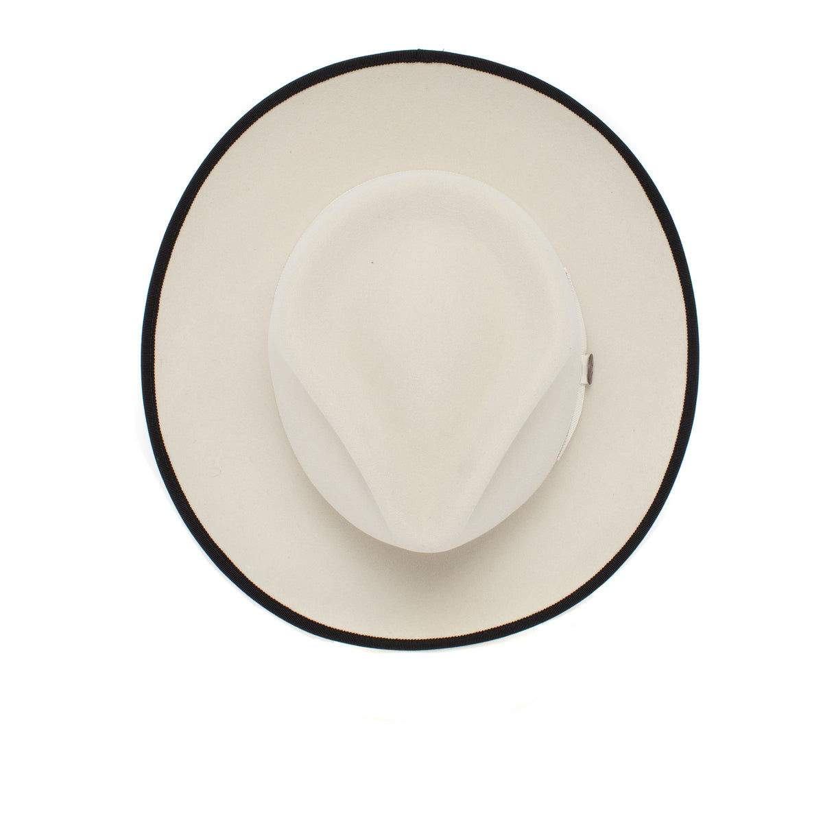 River Gray by Goorin Bros. seen from above, showcasing its wide brim with a black edge and a creased crown, set against a plain white background—evoking the classic American-made style and the enduring charm of a wide-brim fedora.