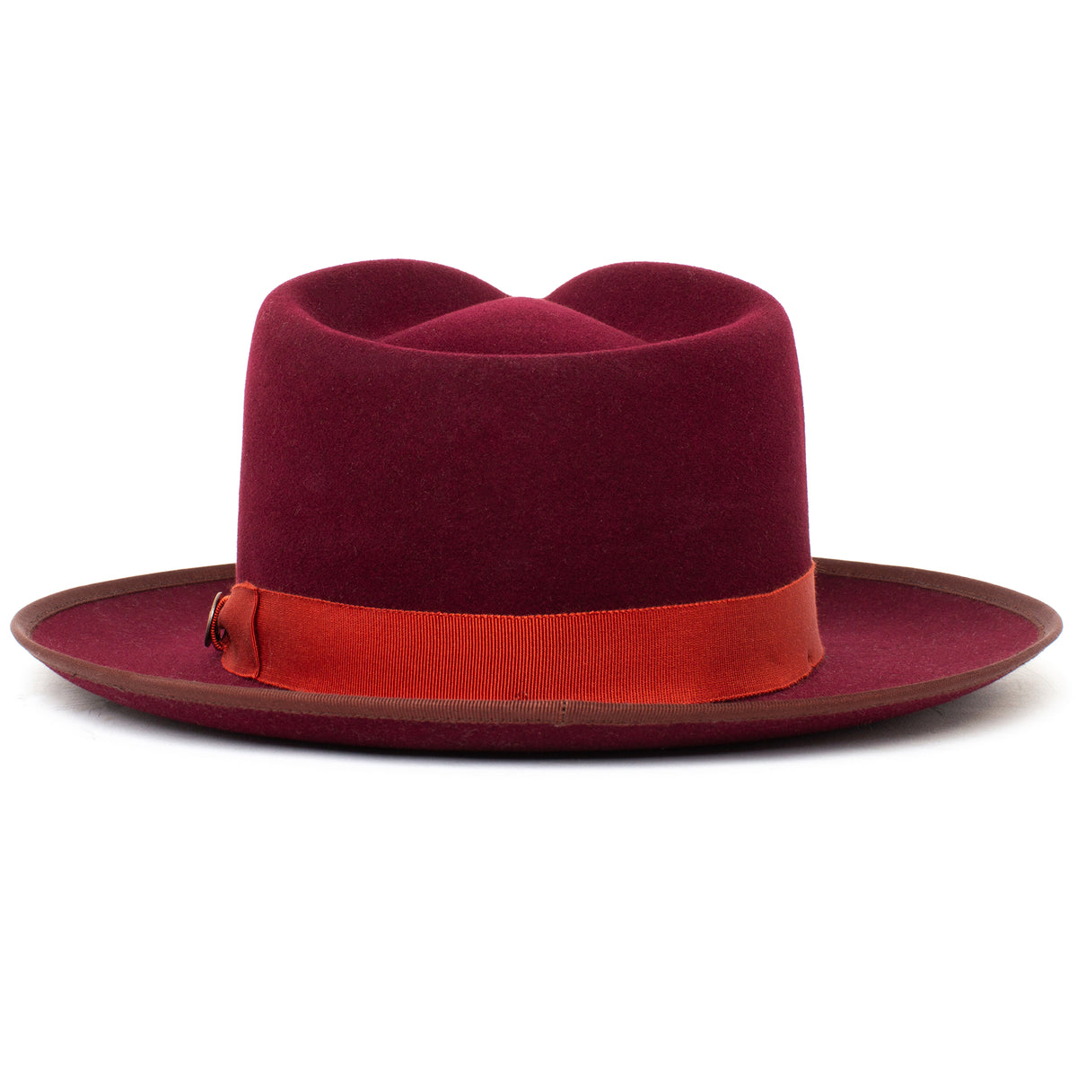 The River Gray by Goorin Bros. is a maroon wide brim fedora hat featuring a brown edge and a red ribbon band around the base of the crown, crafted from premium merino wool and shown on a white background.